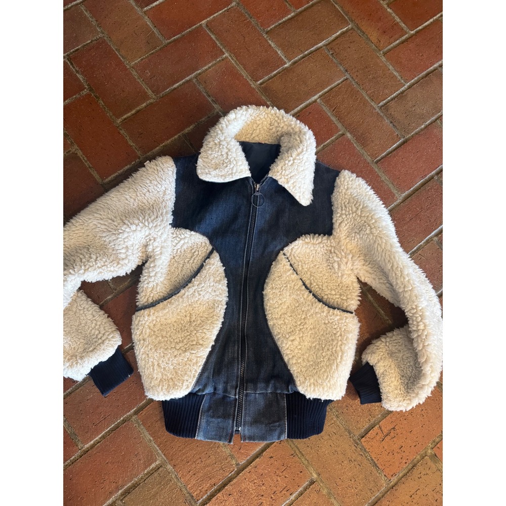 Vintage Denim Sherpa Mixed Media Bomber Jacket Blue Cream Zip Up Small